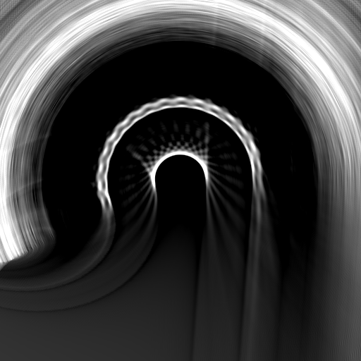 The image has a tunnel-like appearance with bright pixels in a semi-circle around the top and concentric bright rings below it. There's enough variation in the bright pixels that I can tell that's where the reconstruction algorithm is putting the pixel data. This is a classic: 'I have woefully misunderstood the data that I am trying to reconstruction, and yet, it gives you an image.'