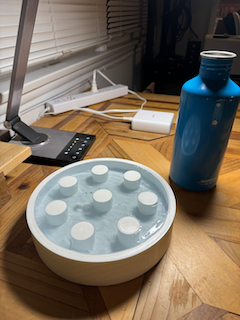 Resin poured into mold with waterbottle for size comparison (phantom is 20cm in diameter and 4cm deep)